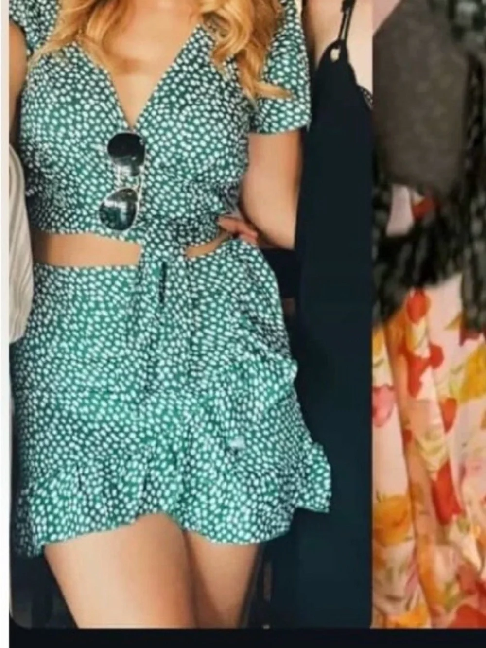 Green Floral Wrap Around Tie Two-Piece Set